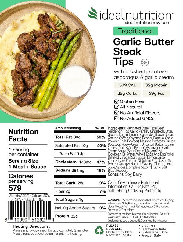 14 - Garlic Butter Steak Tips with Mashed Potatoes, Asparagus & Garlic Cream (GF) For Sale