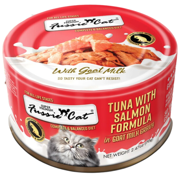 Fussie Cat Wet Cat Food Goat Milk Formula - Tuna & Salmon 2.4oz Can Single For Cheap