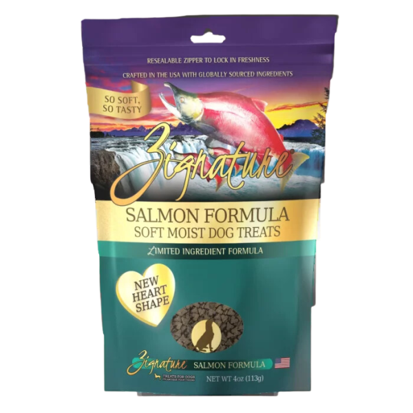 Zignature Dog Treats Grain-Free Soft Moist Salmon Formula 4oz Bag (New Heart Shape) Online now