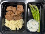 14 - Garlic Butter Steak Tips with Mashed Potatoes, Asparagus & Garlic Cream (GF) For Sale