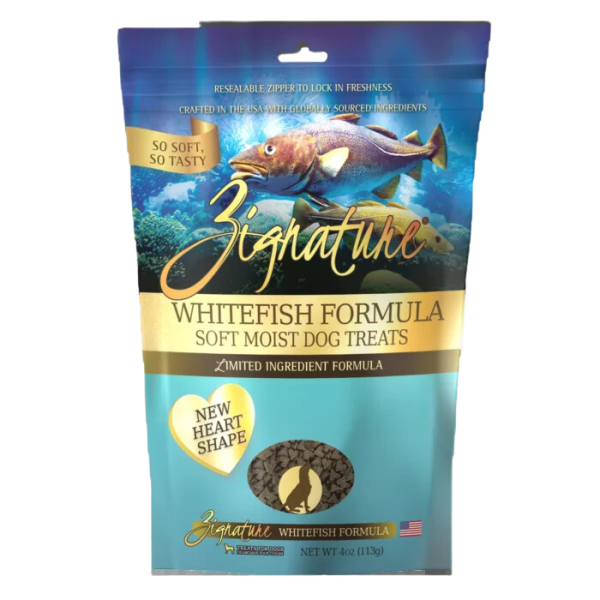 Zignature Dog Treats Grain-Free Soft Moist Whitefish Formula 4oz Bag (New Heart Shape) Hot on Sale