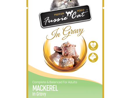 Fussie Cat Wet Cat Food Grain Free Premium Mackerel Formula in Gravy 2.47oz Pouch Single For Sale