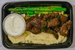 14 - Garlic Butter Steak Tips with Mashed Potatoes, Asparagus & Garlic Cream (GF) For Sale