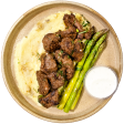 14 - Garlic Butter Steak Tips with Mashed Potatoes, Asparagus & Garlic Cream (GF) For Sale