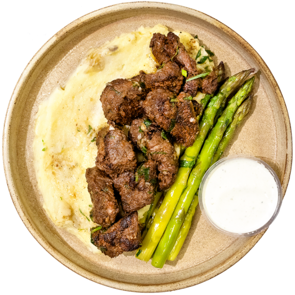 14 - Garlic Butter Steak Tips with Mashed Potatoes, Asparagus & Garlic Cream (GF) For Sale