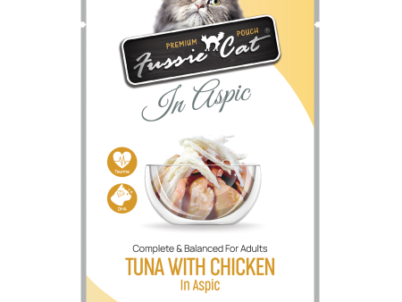 Fussie Cat Wet Cat Food Grain Free Premium Tuna with Chicken Formula in Aspic 2.47oz Pouch Single For Sale