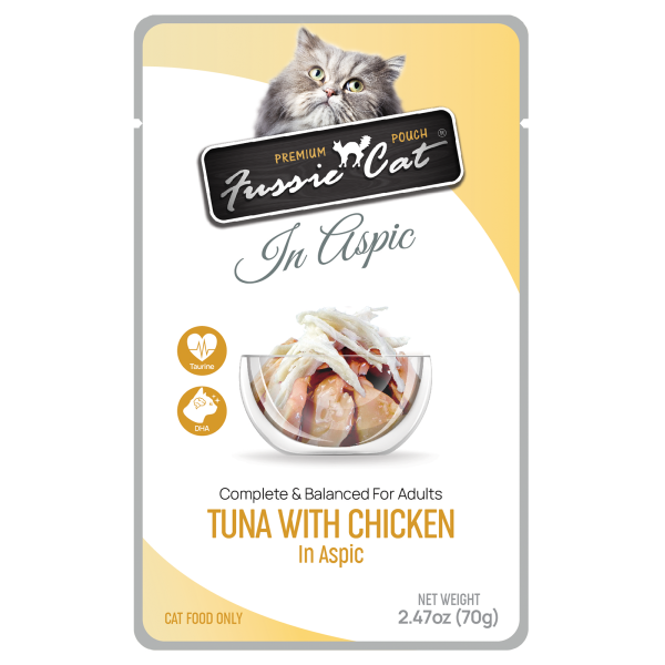 Fussie Cat Wet Cat Food Grain Free Premium Tuna with Chicken Formula in Aspic 2.47oz Pouch Single For Sale