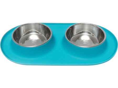 Messy Mutts Double Silicone Feeder with Stainless Bowl - Medium 1.5 Cup Bowl - Blue Sale